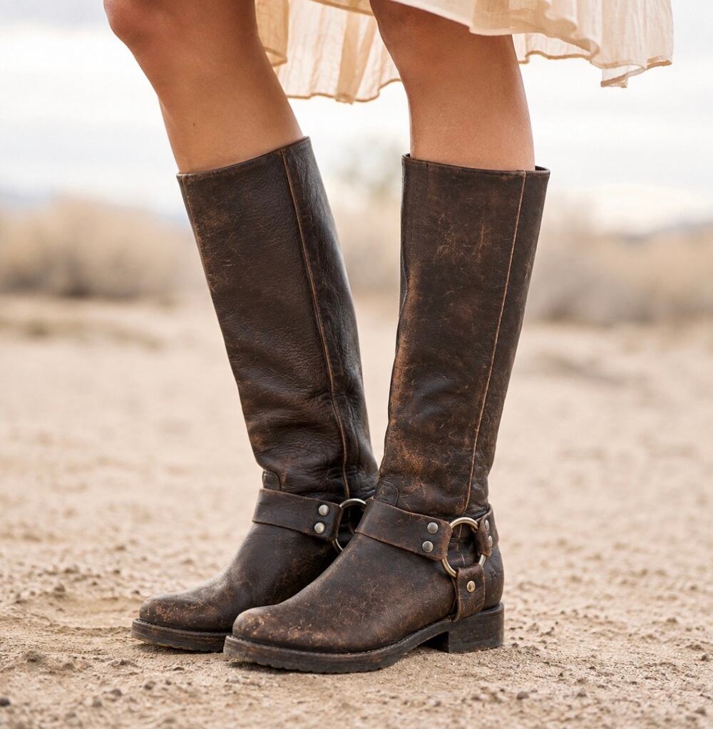 Frye Veronica Harness Tall Brown Distressed Leather Knee High Boot 7.5
